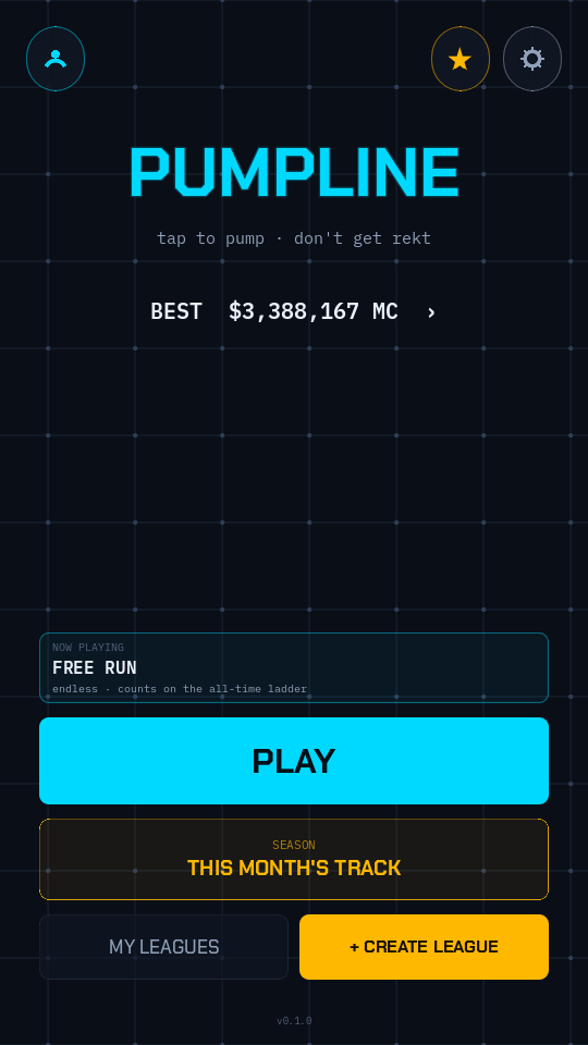 PUMPLINE home screen with the NOW PLAYING selector